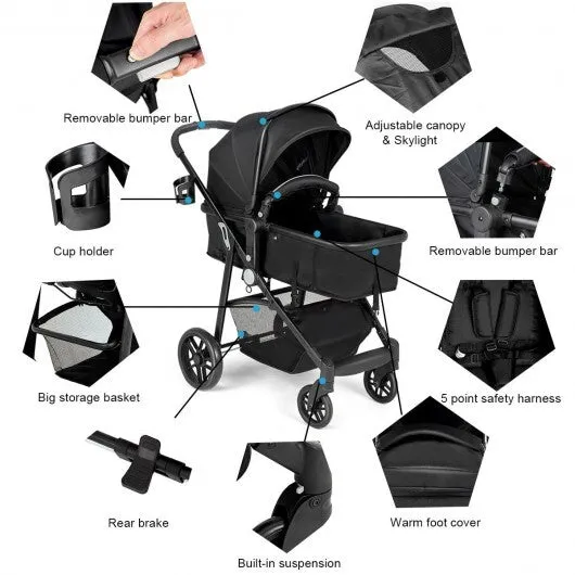 2-in-1 Foldable Pushchair Newborn Infant Baby Stroller-Black - Color: Black