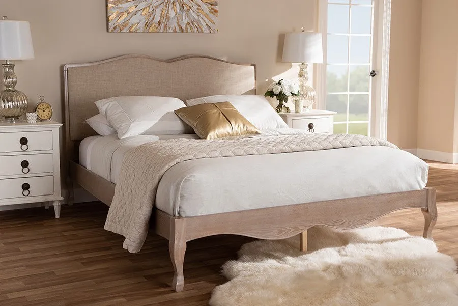 Campagne Beige Fabric Upholstered Light Oak Platform Bed (Full)