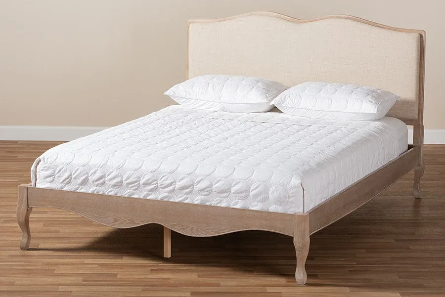 Campagne Beige Fabric Upholstered Light Oak Platform Bed (Full)