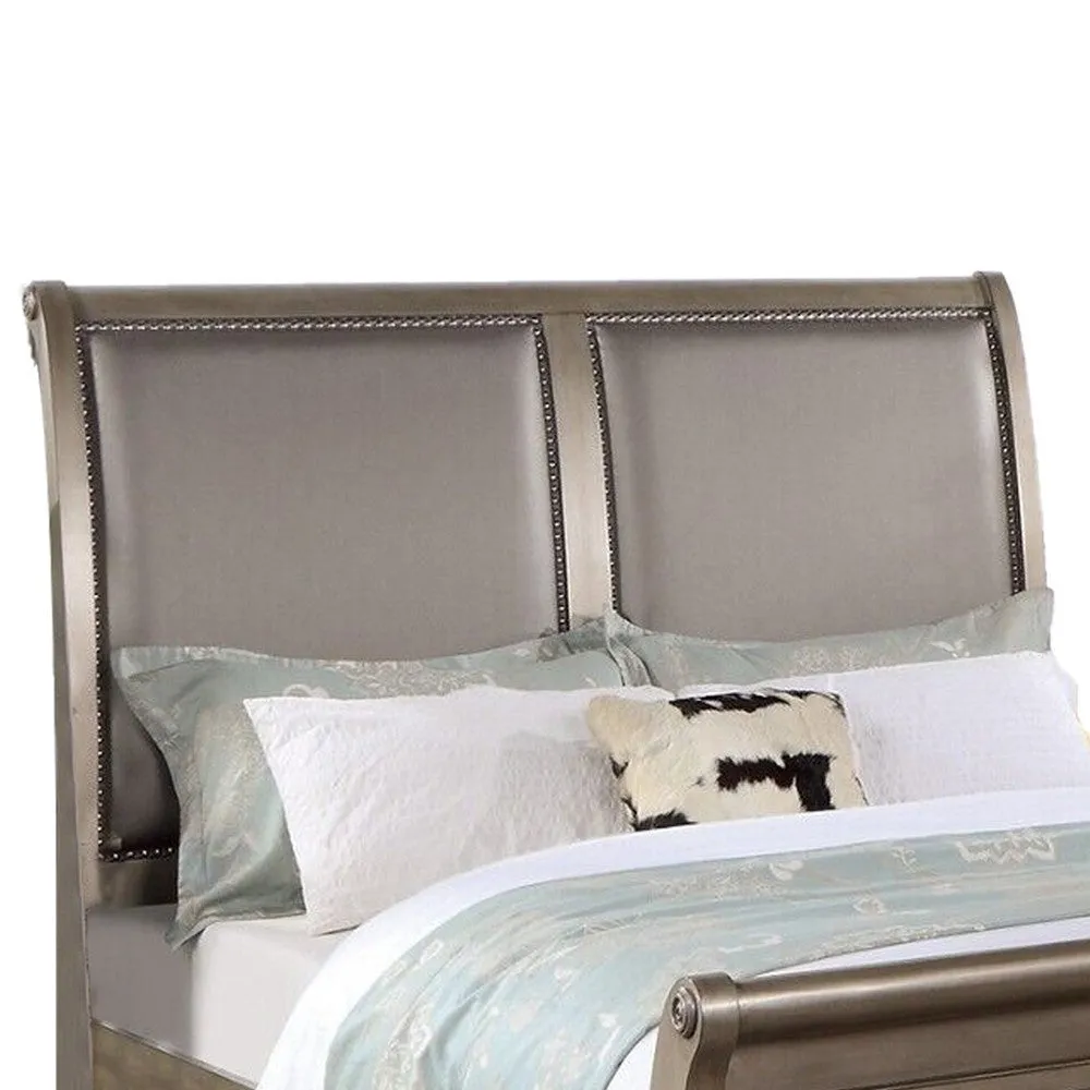 Ella Modern Queen Size Bed, Faux Leather Upholstery, Nailhead Trim, Gold By Casagear Home