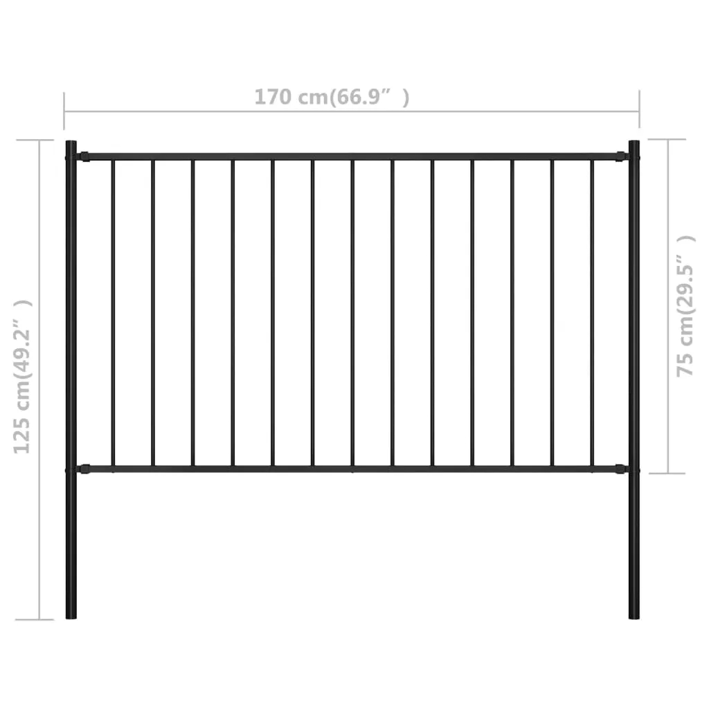 Fence Panel with Posts Powder-coated Steel 1.7x0.75 m Black