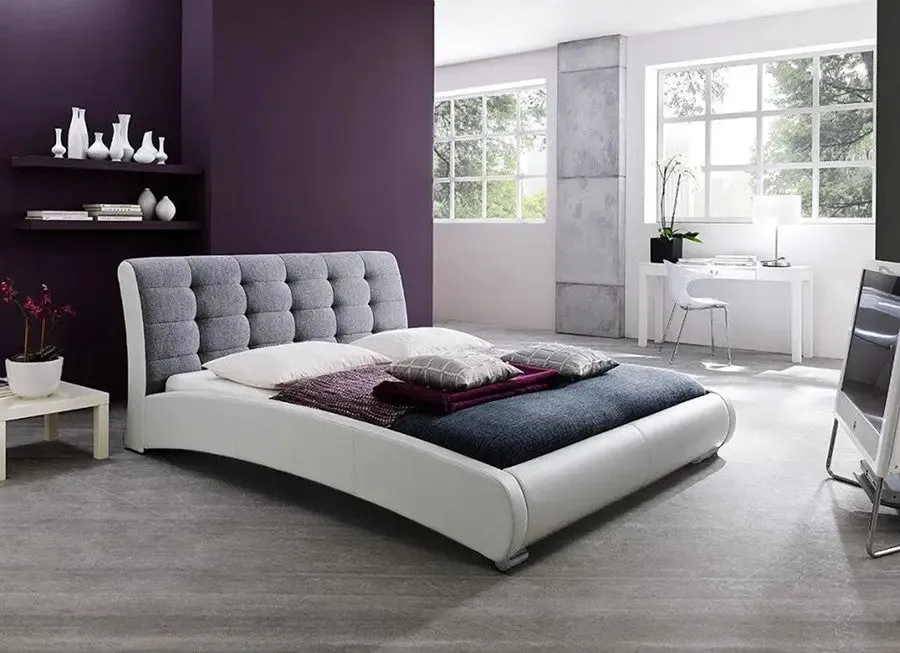 Guerin White Faux Leather Grey Fabric Bed w/Grid Tufted Headboad (Queen)