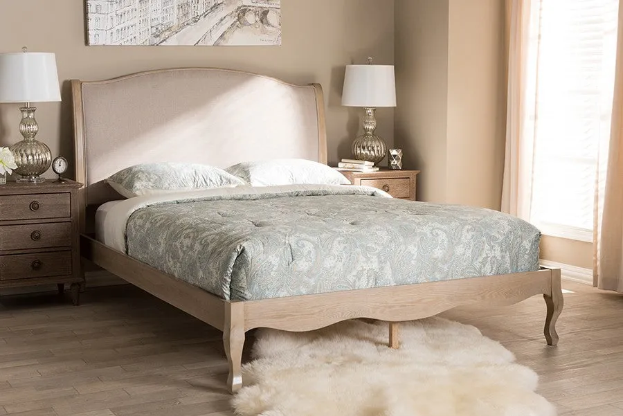 Lorelei Beige Fabric Upholstered Light Oak Platform Bed (King)