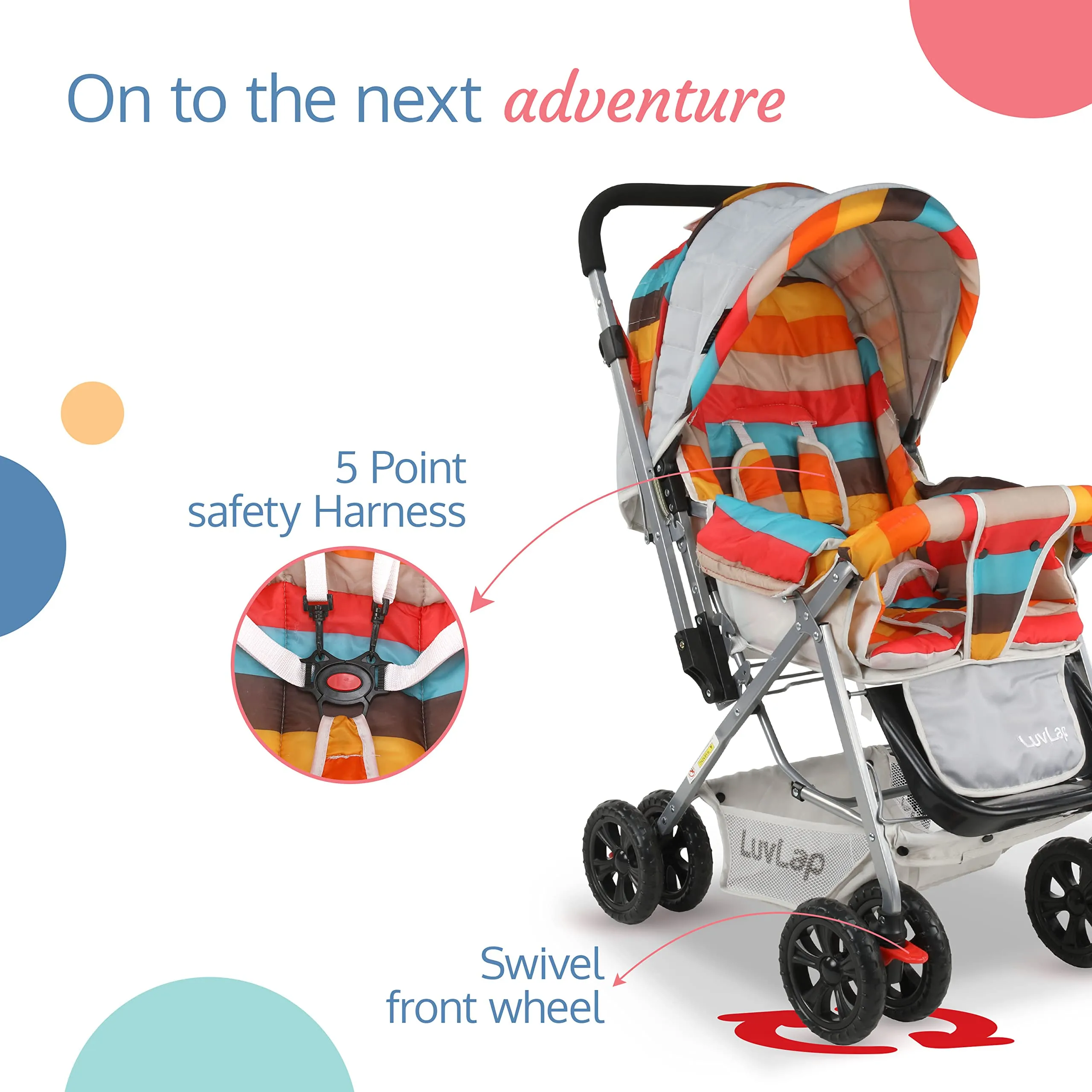 LuvLap Sunshine Baby Stroller / Pram for 0 to 3 Years, New Born/Toddler/Kid,5 Point Safety Harness, Adjustable backrest, 360° Swivel Wheel,storage basket, Reversible Handlebar (Stripes,Multicolor)