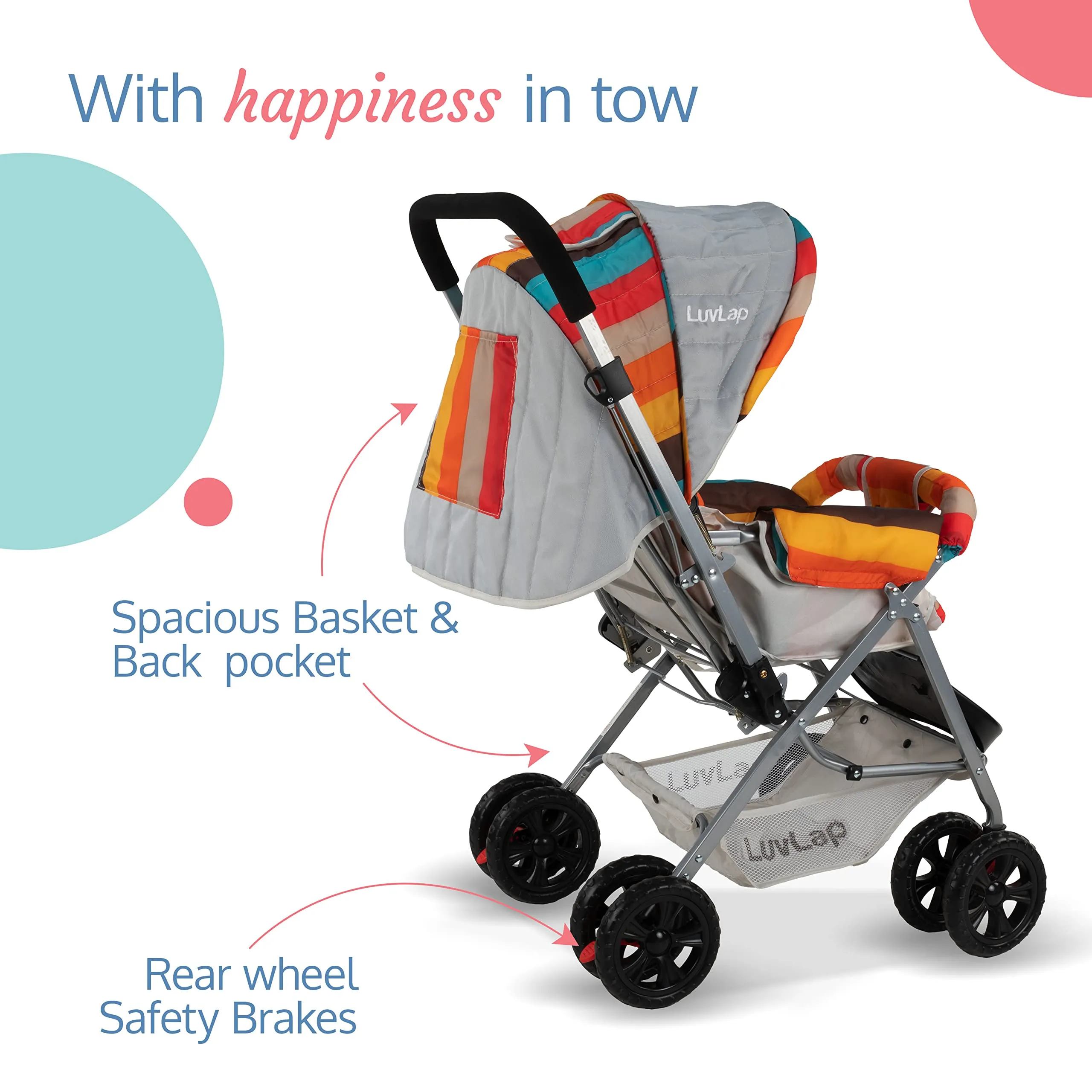 LuvLap Sunshine Baby Stroller / Pram for 0 to 3 Years, New Born/Toddler/Kid,5 Point Safety Harness, Adjustable backrest, 360° Swivel Wheel,storage basket, Reversible Handlebar (Stripes,Multicolor)