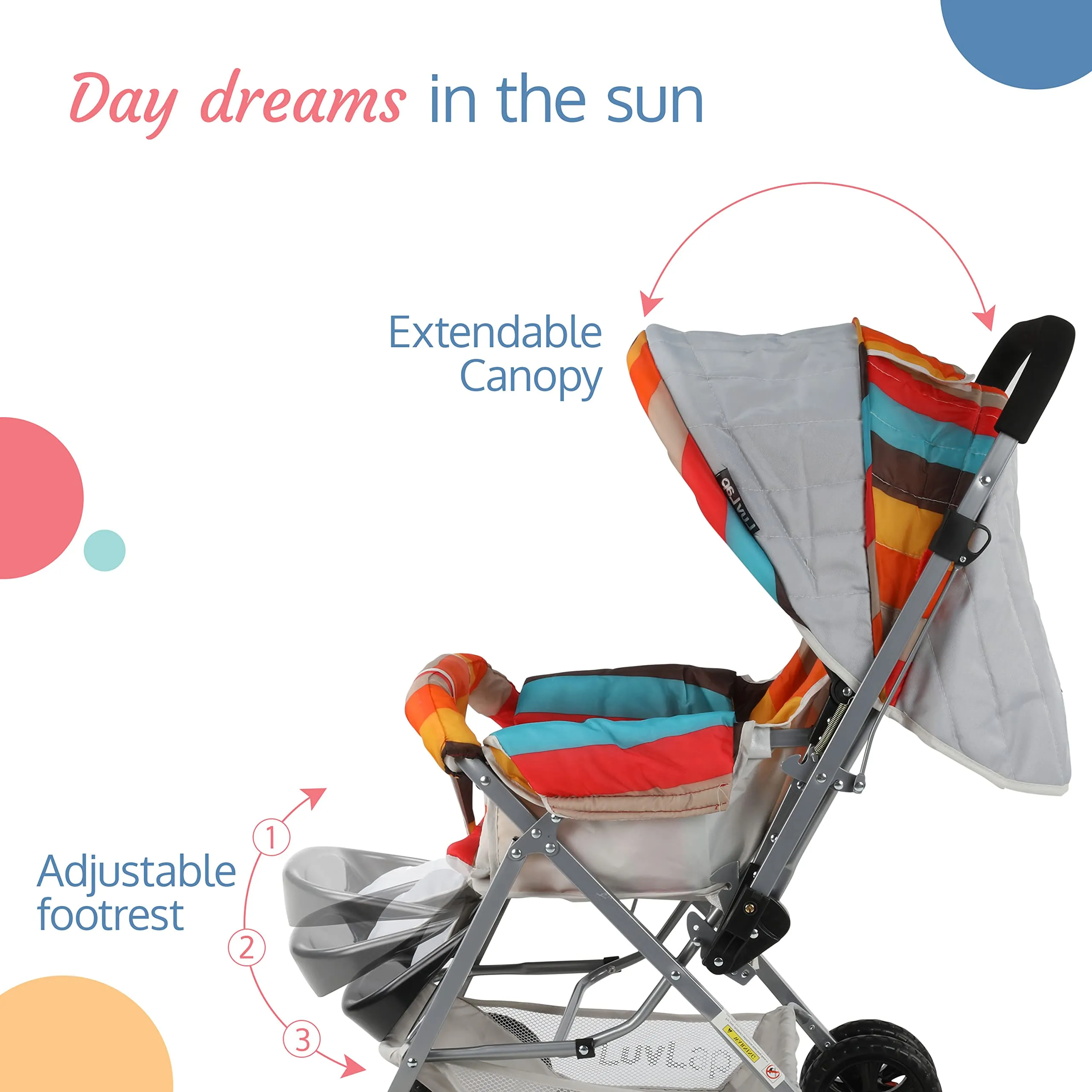 LuvLap Sunshine Baby Stroller / Pram for 0 to 3 Years, New Born/Toddler/Kid,5 Point Safety Harness, Adjustable backrest, 360° Swivel Wheel,storage basket, Reversible Handlebar (Stripes,Multicolor)