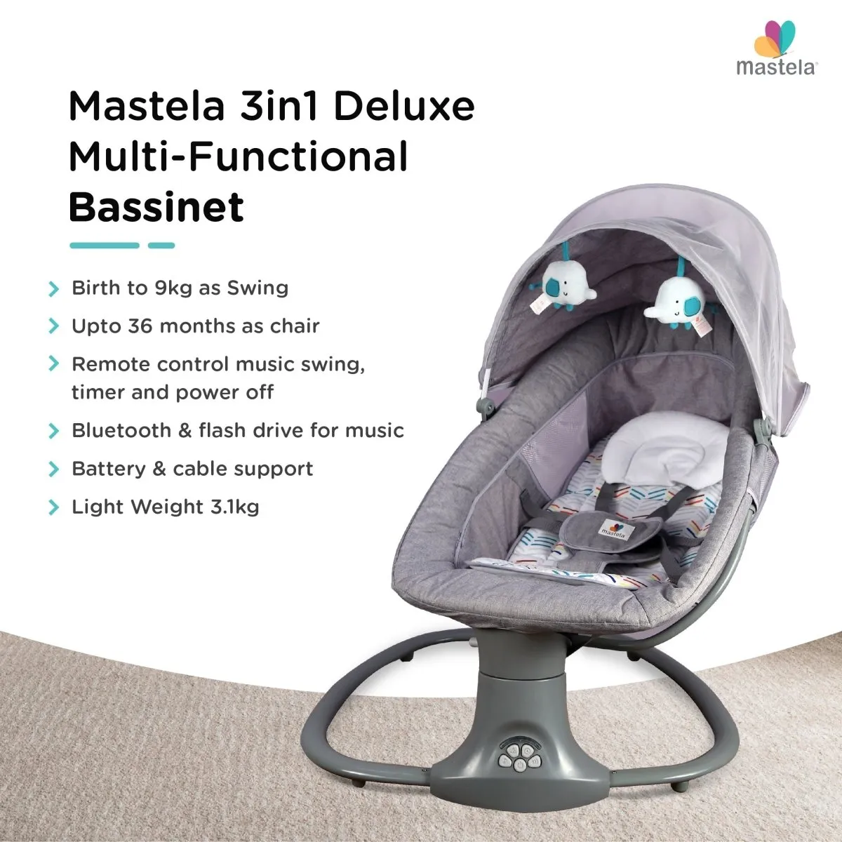 Mastela 3-in-1 Deluxe Multi-Functional Bassinet/Swing- Grey