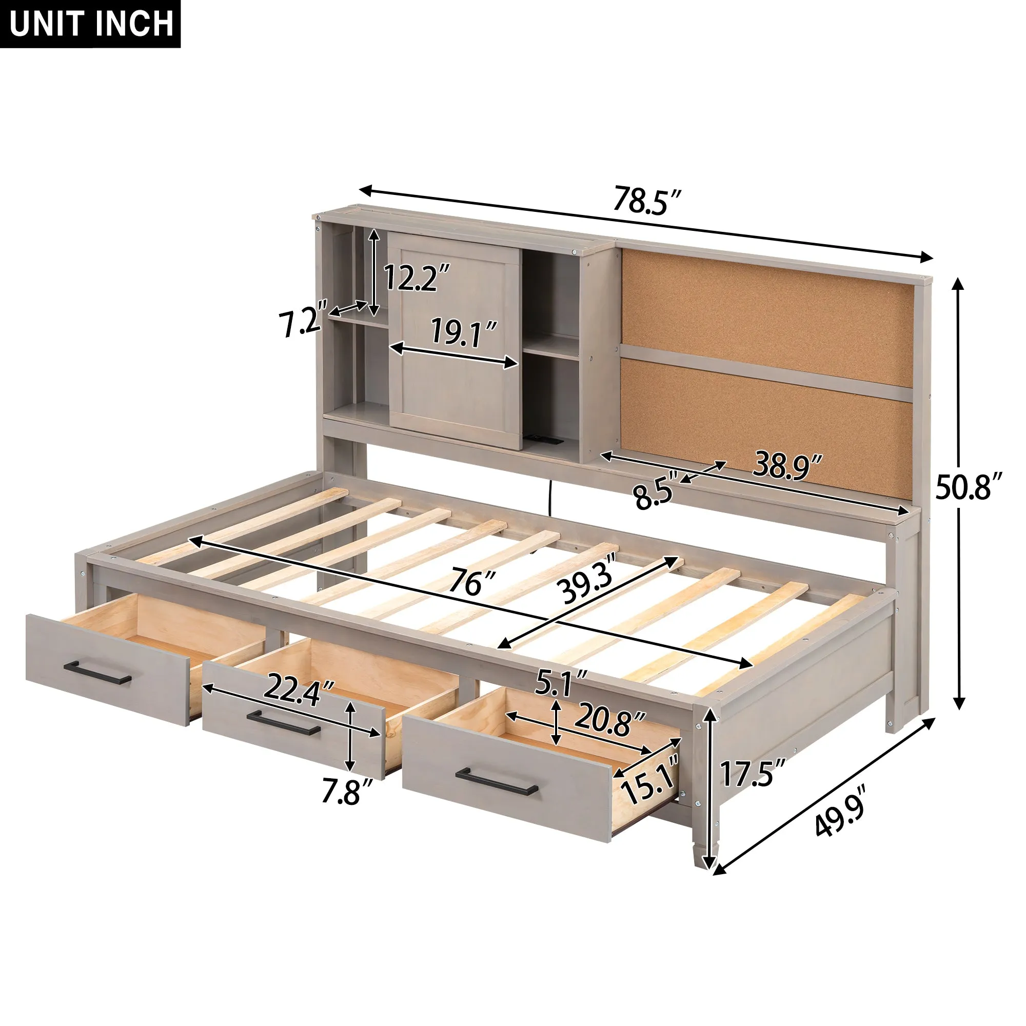 Maya Twin Size Daybed with Storage Shelves - Drawers - Gray