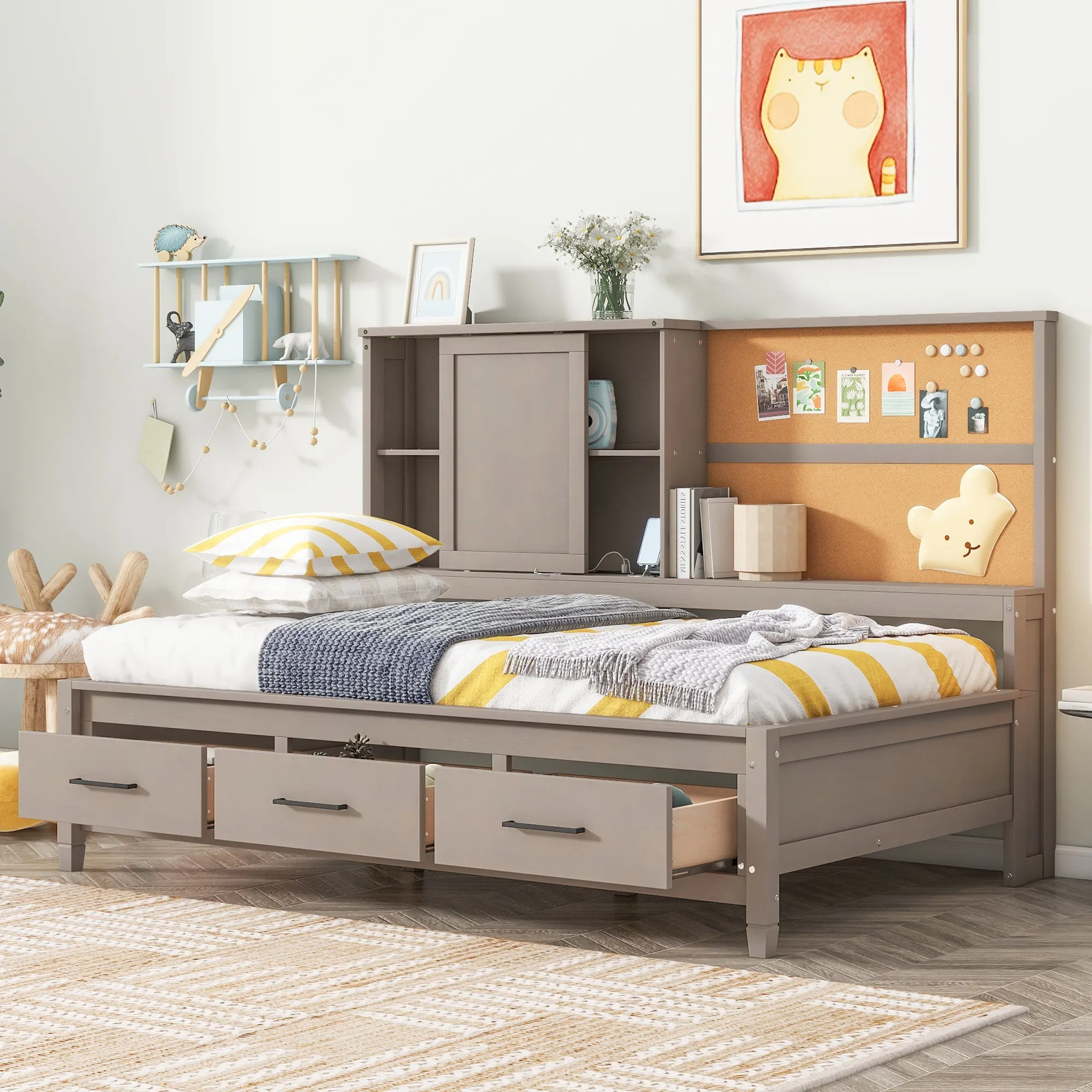 Maya Twin Size Daybed with Storage Shelves - Drawers - Gray