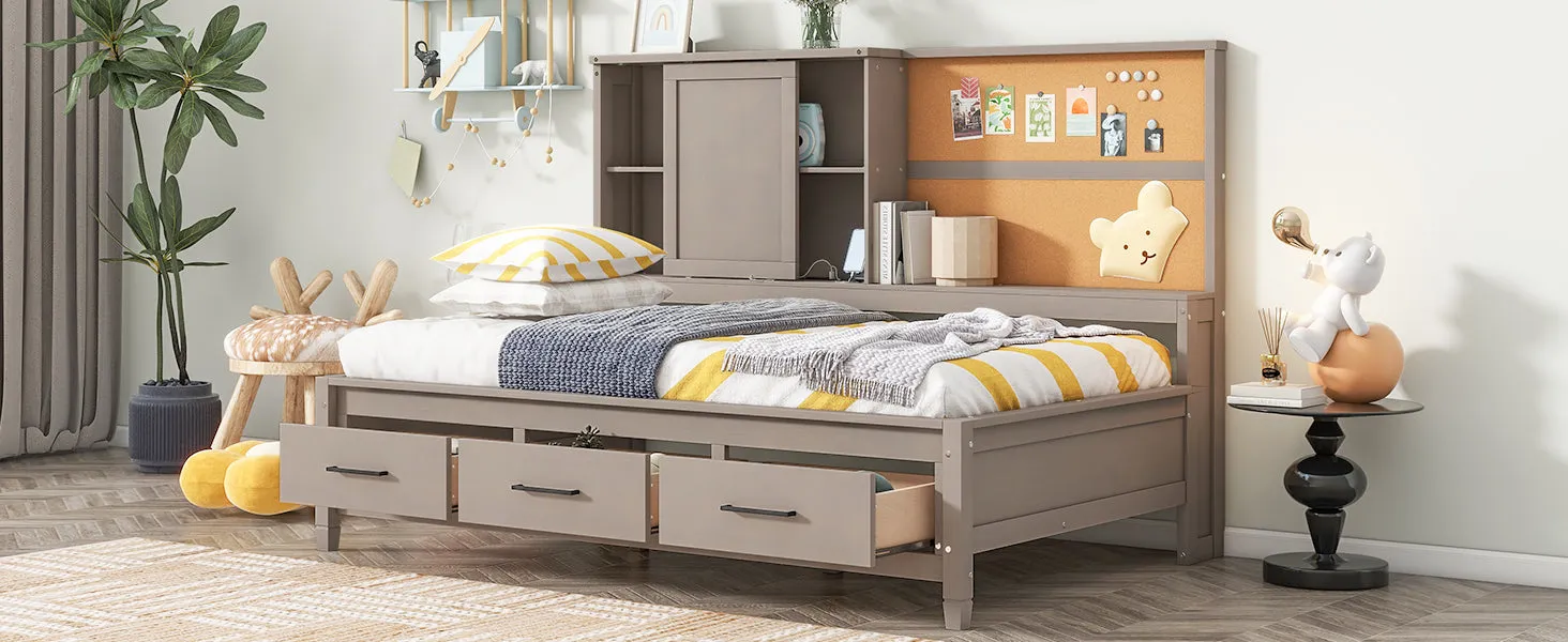 Maya Twin Size Daybed with Storage Shelves - Drawers - Gray