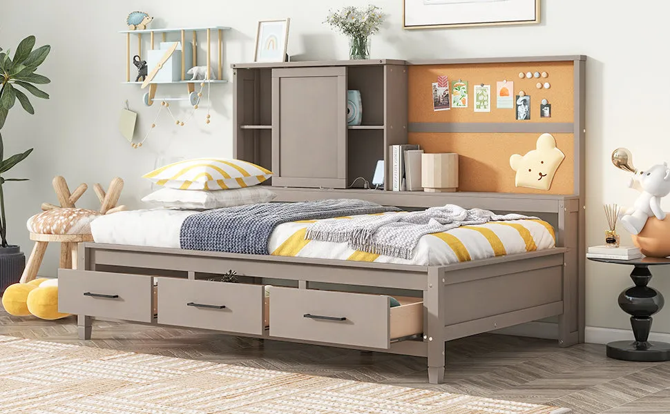 Maya Twin Size Daybed with Storage Shelves - Drawers - Gray