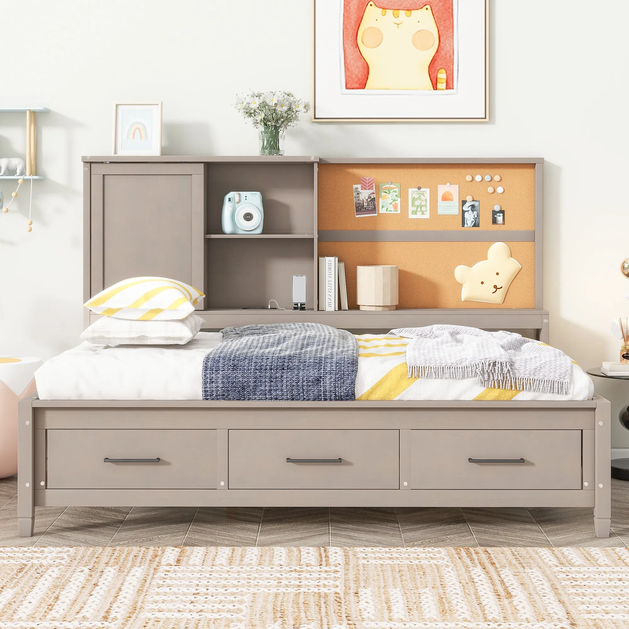 Maya Twin Size Daybed with Storage Shelves - Drawers - Gray