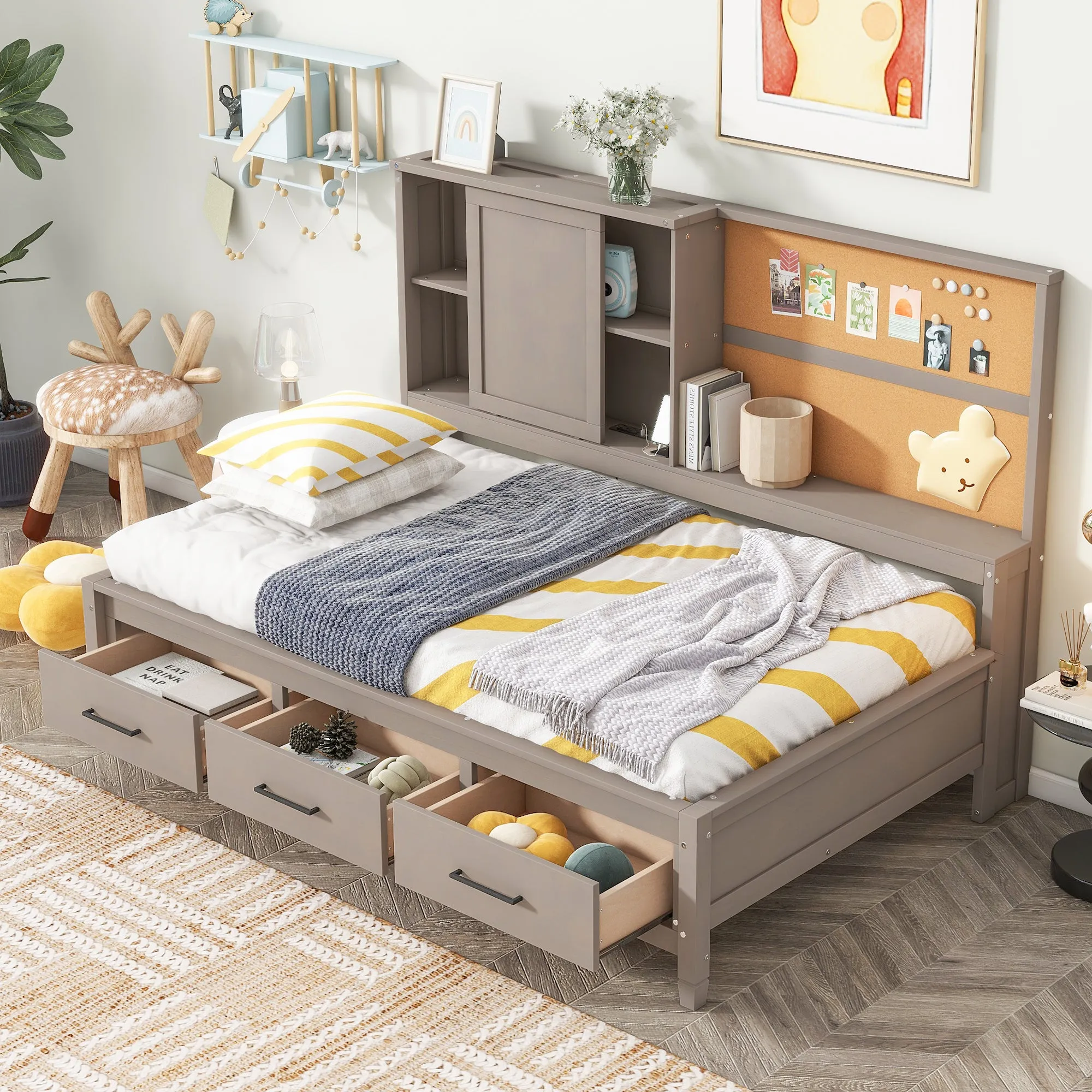 Maya Twin Size Daybed with Storage Shelves - Drawers - Gray