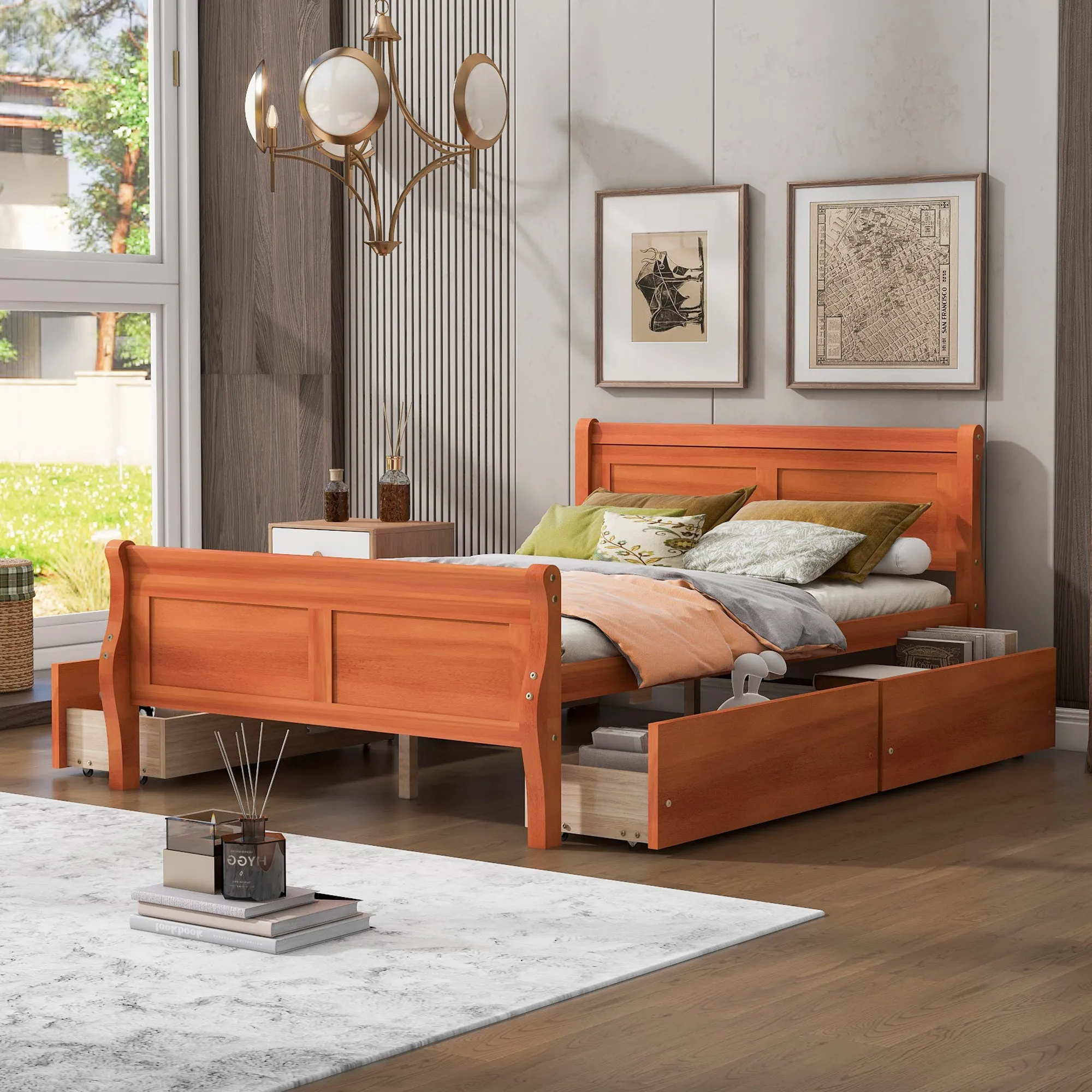 Meg Full Size Wood Platform Bed with 4 Drawers - Oak