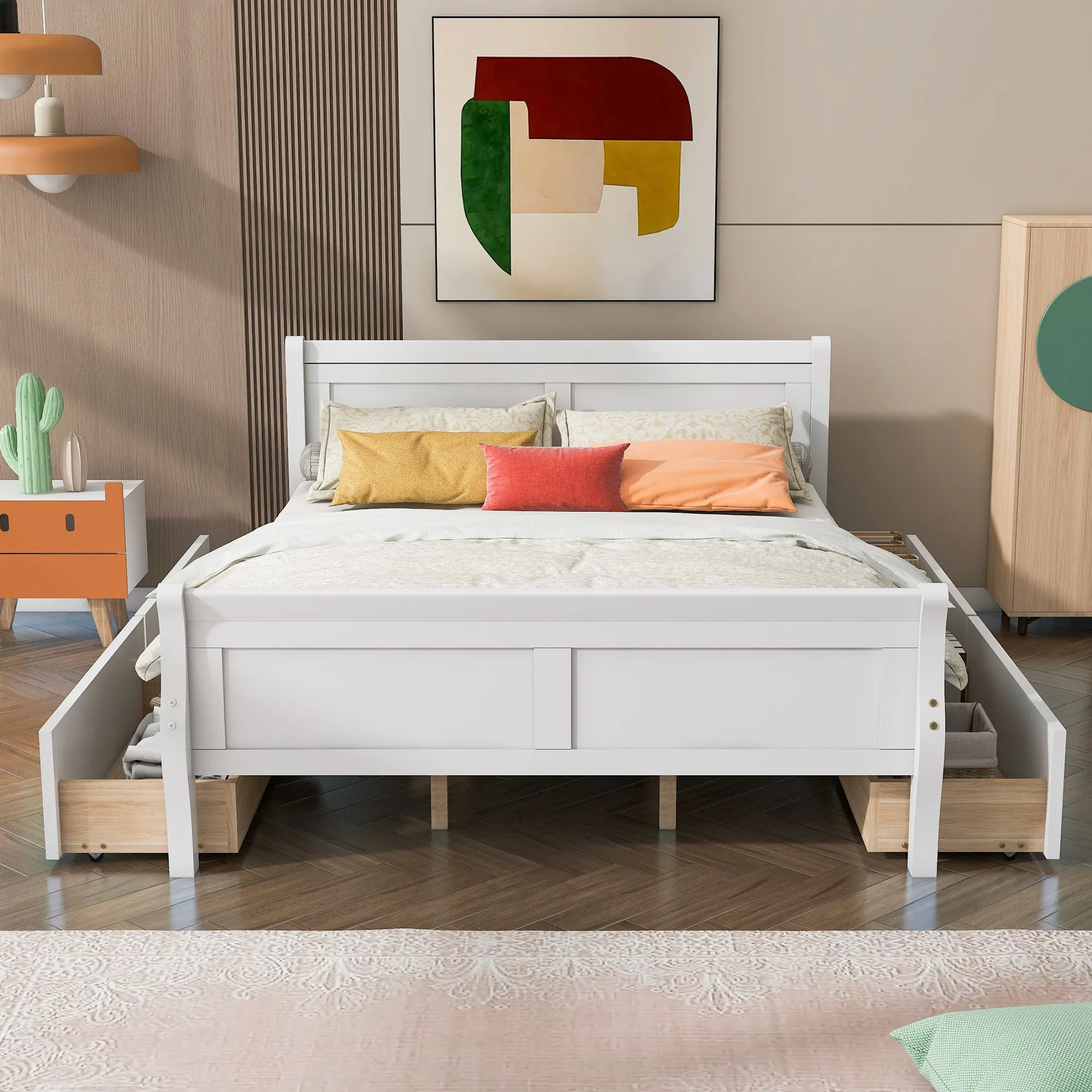 Meg Queen Size Wood Platform Bed with 4 Drawers - White