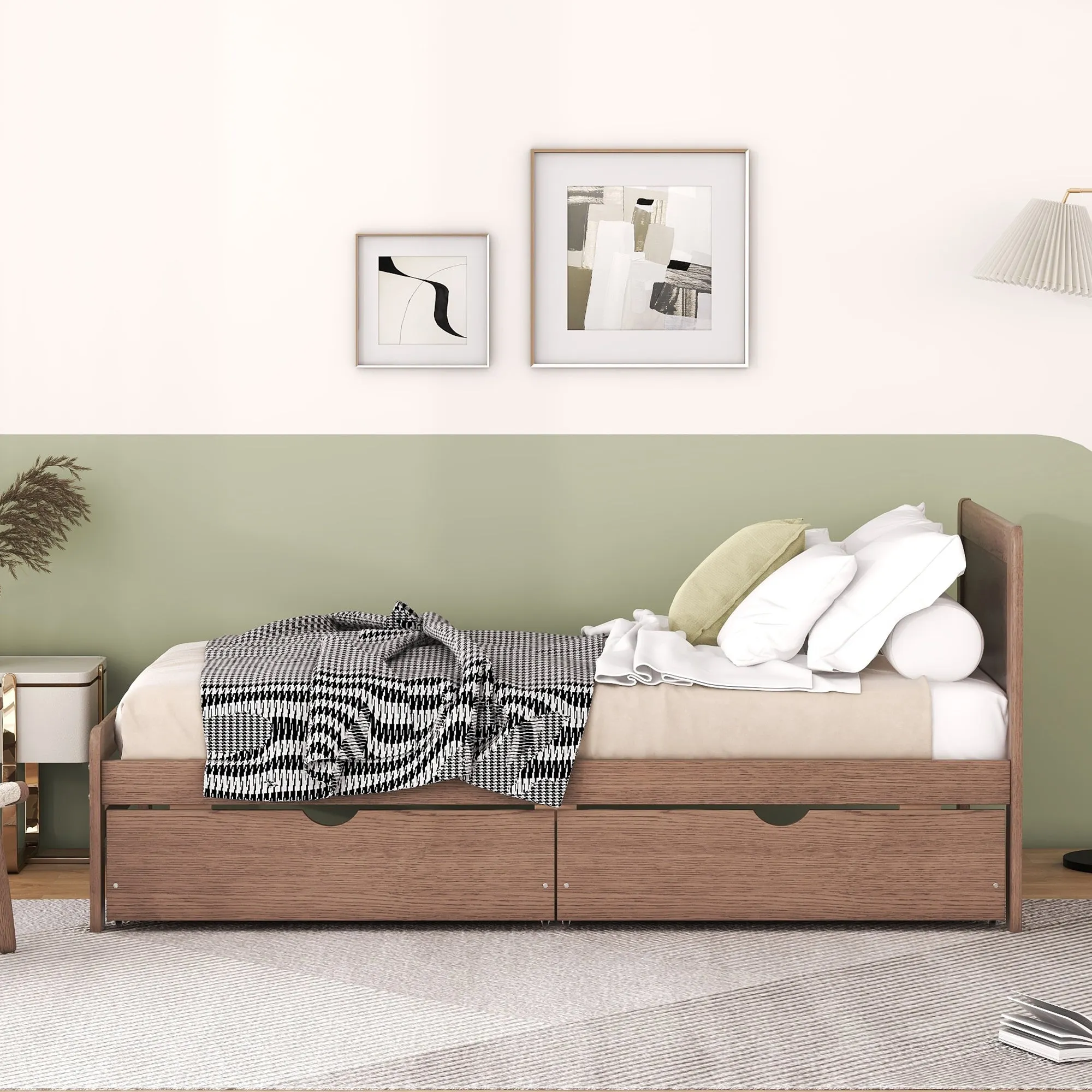 Neki Twin Size Platform Bed Frame with 2 Drawers - Walnut