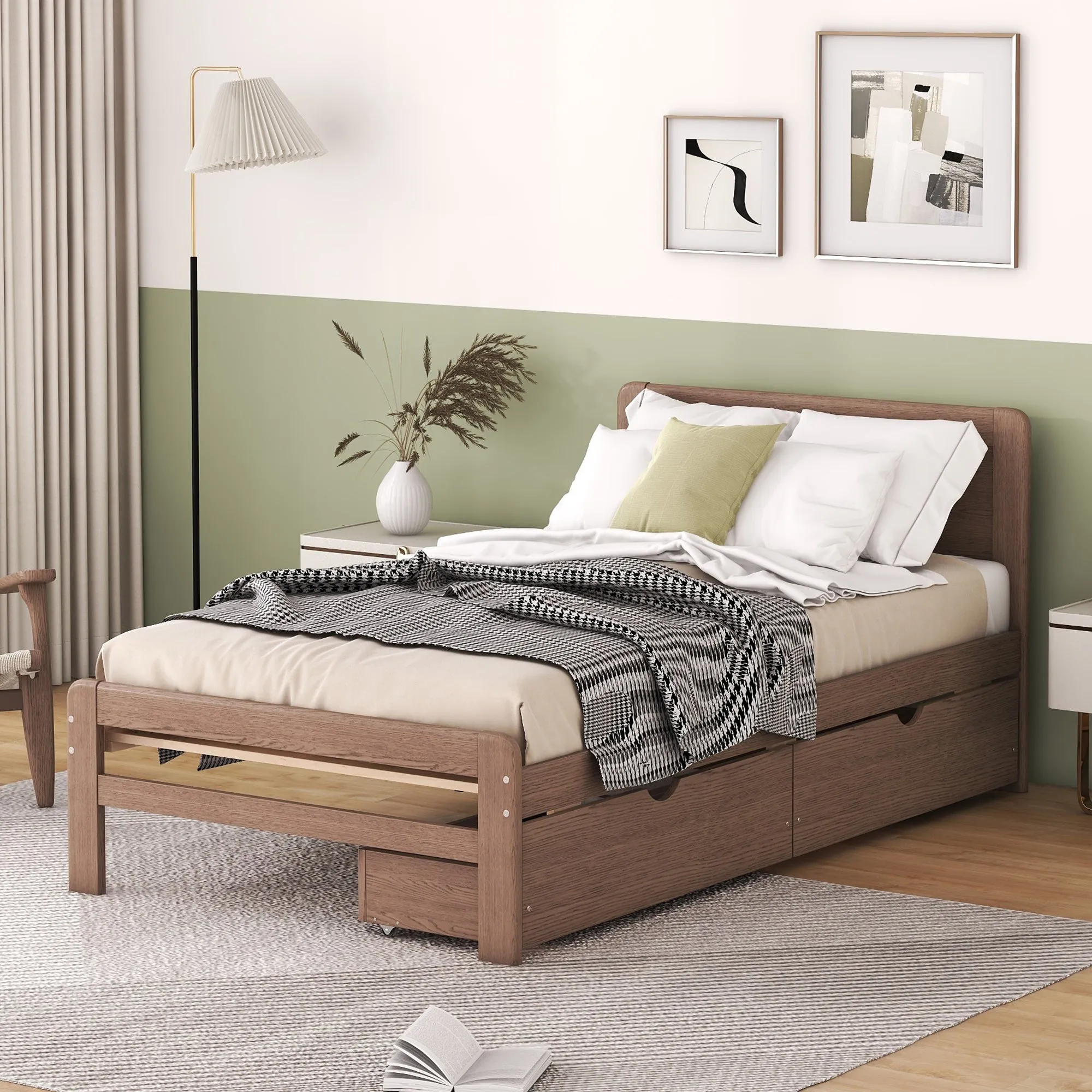 Neki Twin Size Platform Bed Frame with 2 Drawers - Walnut