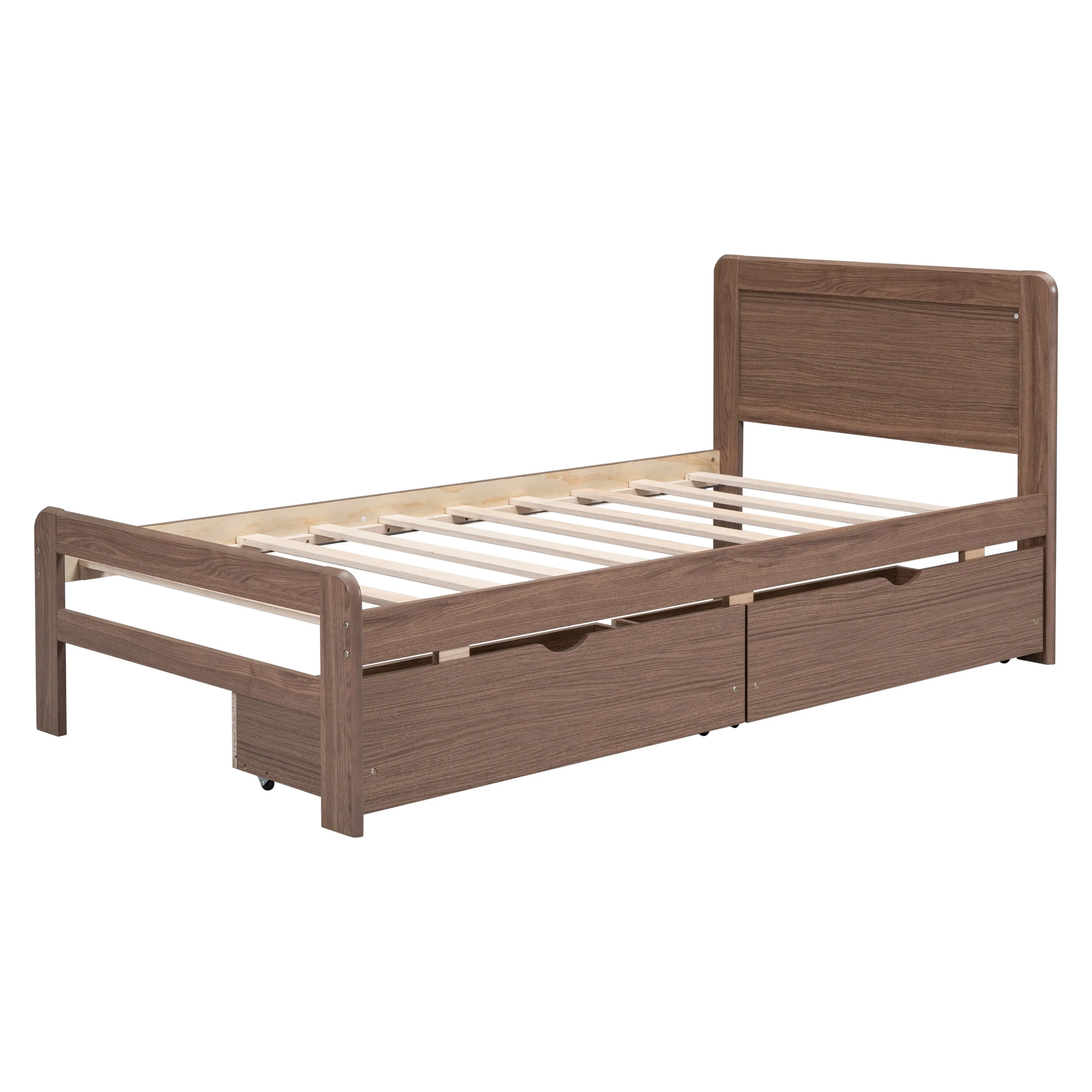 Neki Twin Size Platform Bed Frame with 2 Drawers - Walnut