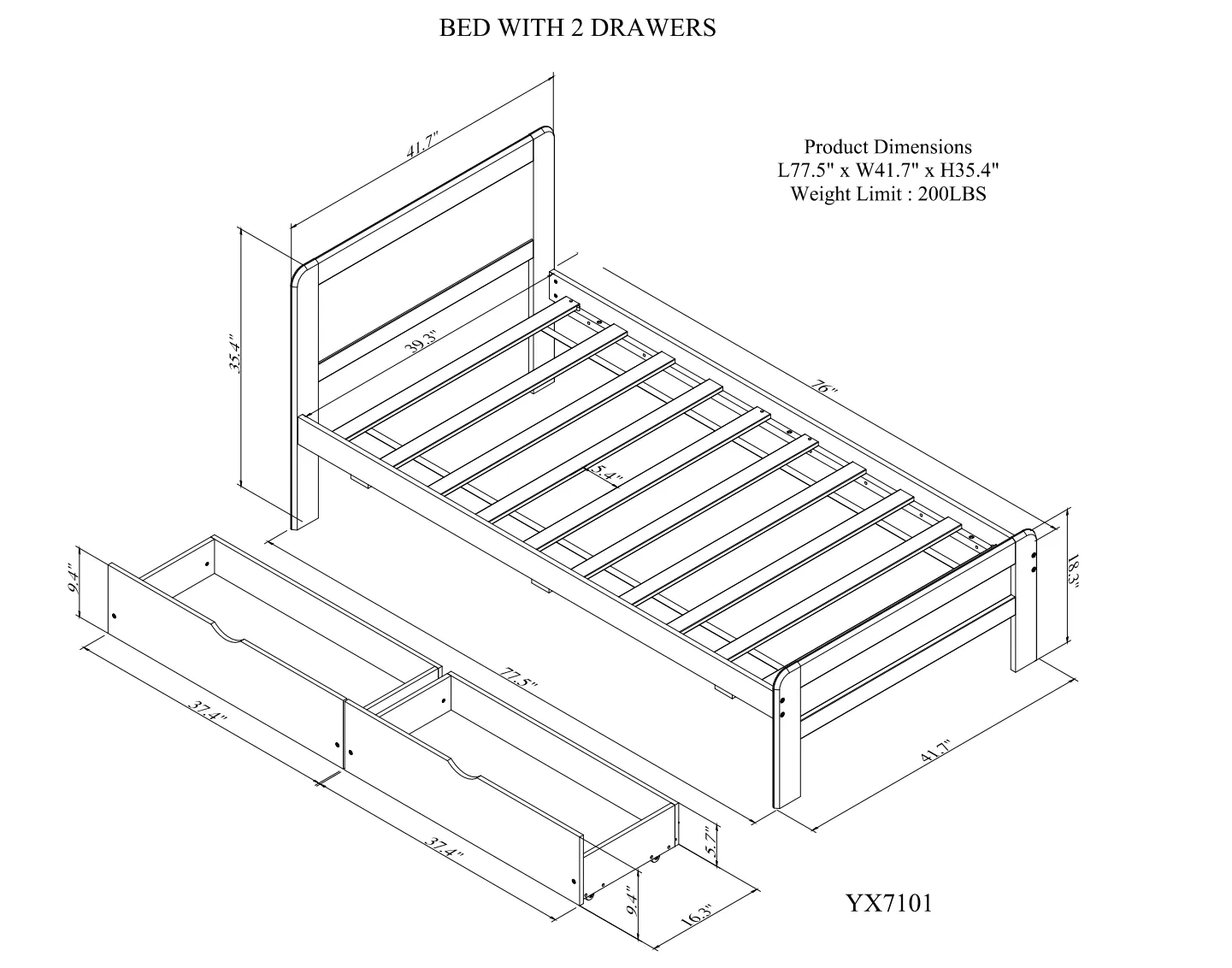 Neki Twin Size Platform Bed Frame with 2 Drawers - Walnut