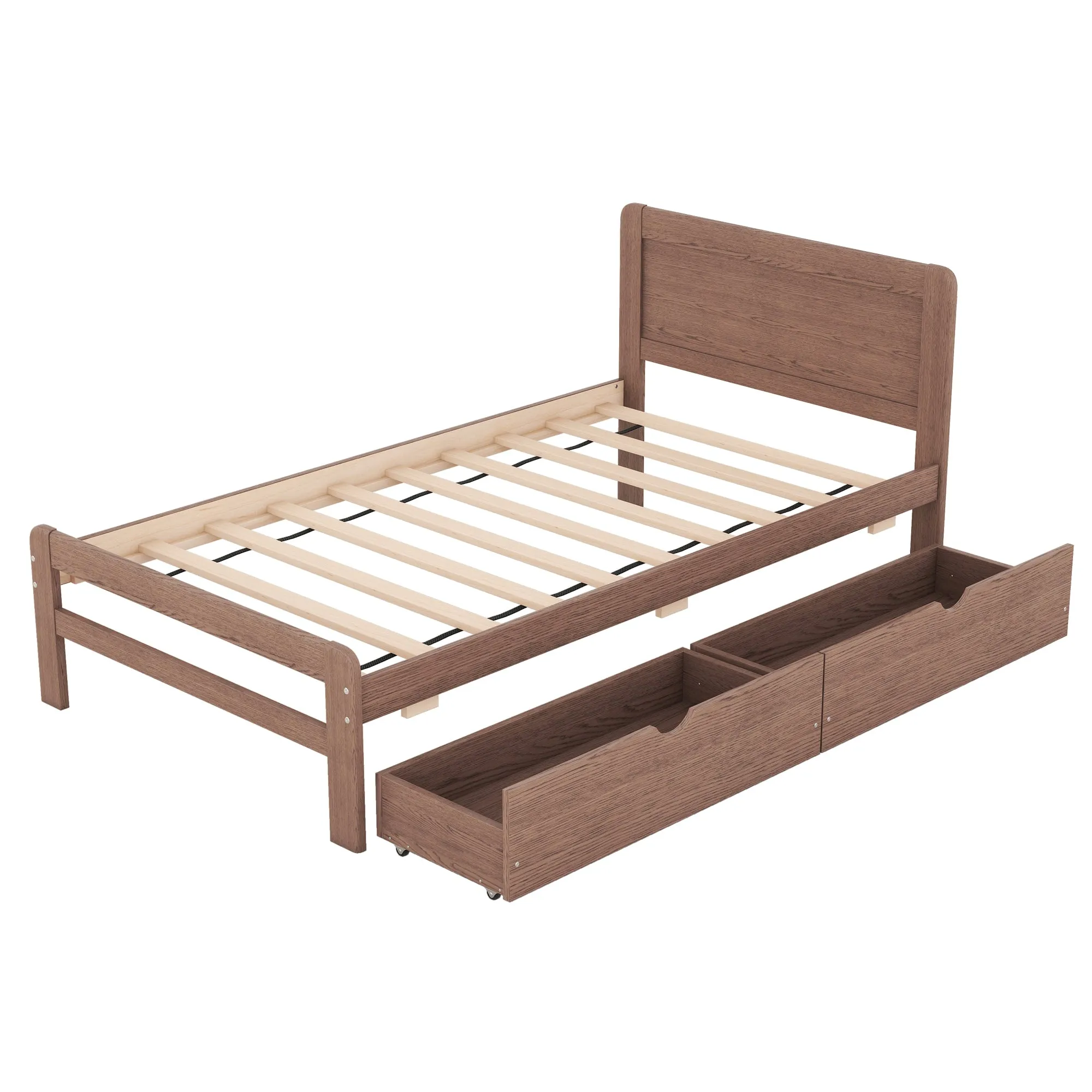 Neki Twin Size Platform Bed Frame with 2 Drawers - Walnut