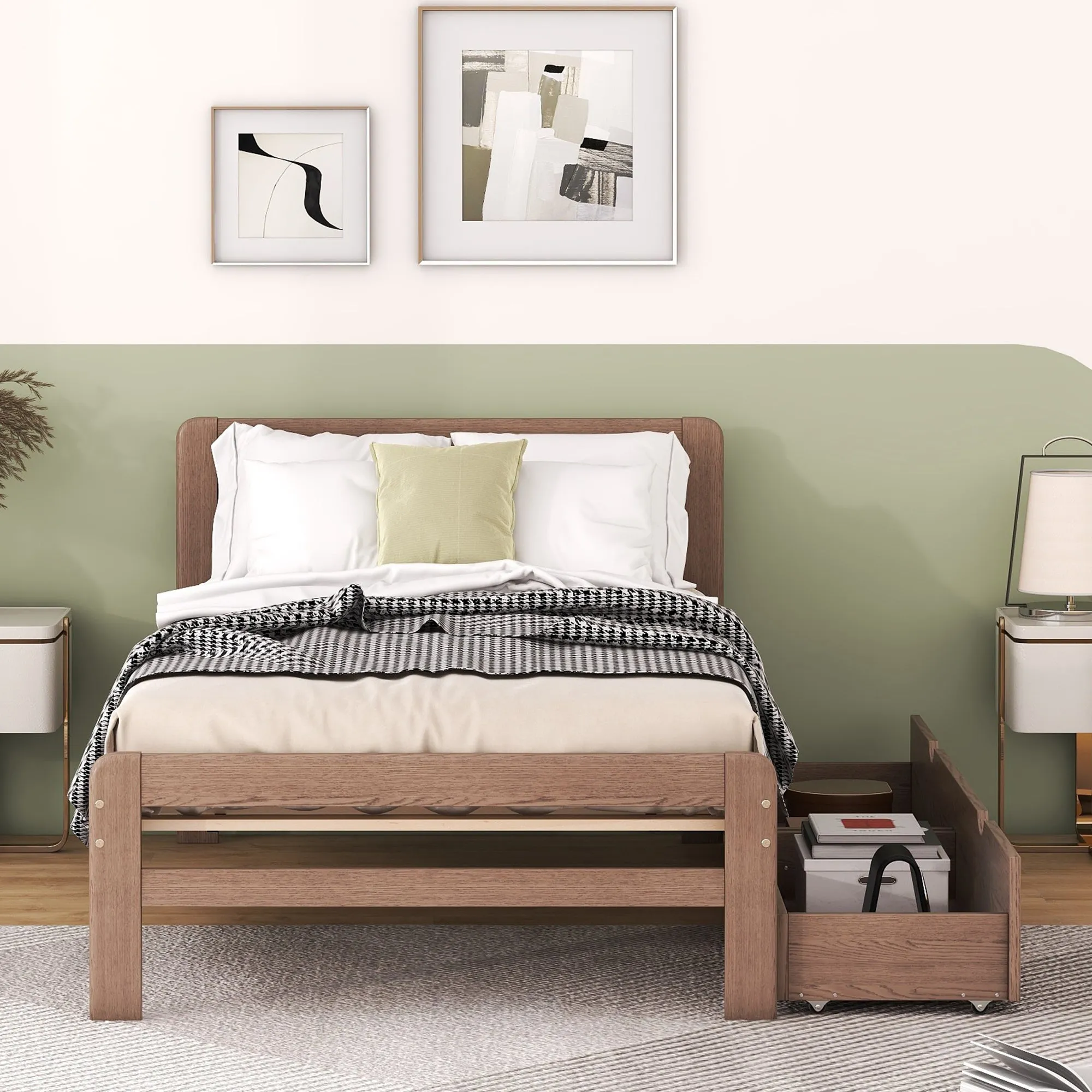 Neki Twin Size Platform Bed Frame with 2 Drawers - Walnut