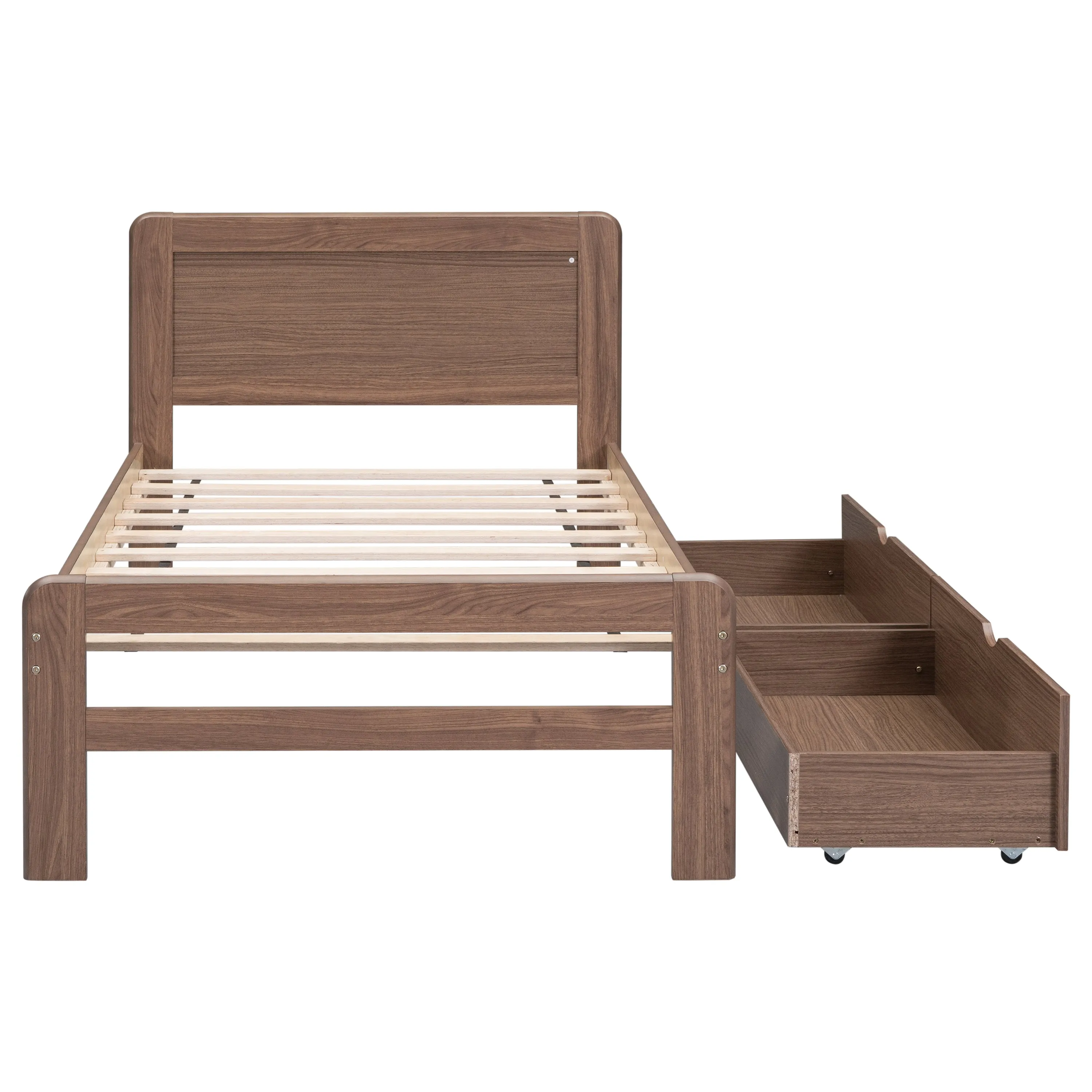 Neki Twin Size Platform Bed Frame with 2 Drawers - Walnut