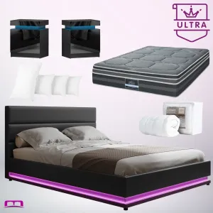 Queen Ultra Package | Henley LED Bed Black, 2 x LED Bedside Tables, Platinum Series 7 Zone Dual Euro Top Mattress, Pillowtop Mattress Topper & 4 x Pillows