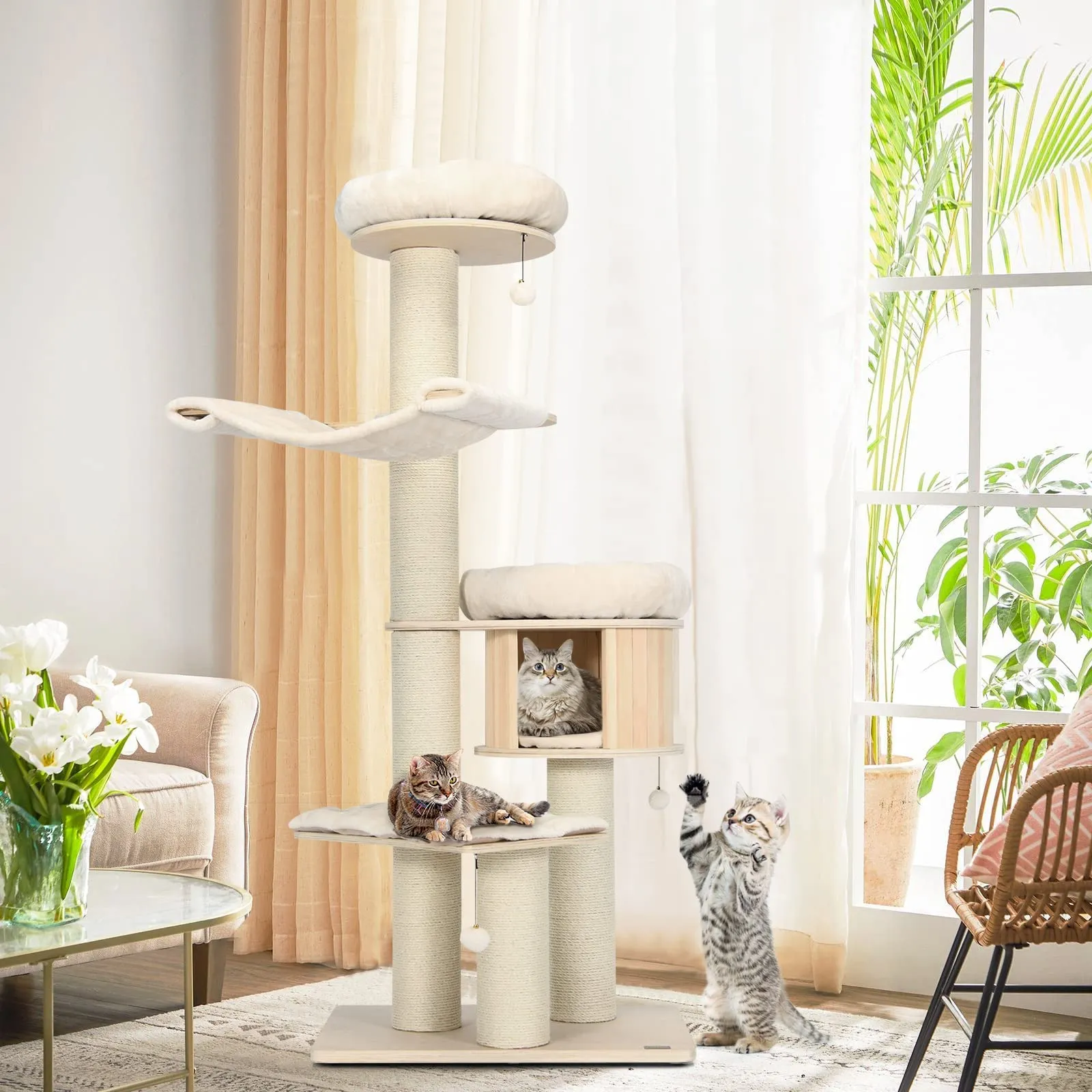 Tangkula Modern Cat Tree,  Multi-Level Large Cat Tower w/Cat Condo, Hammocks & Hanging Basket