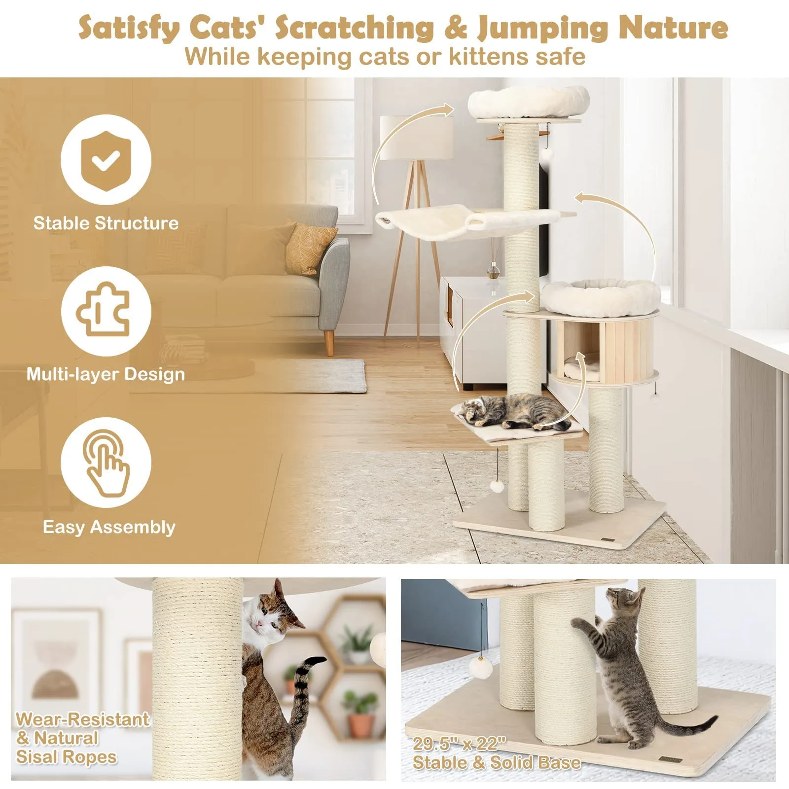 Tangkula Modern Cat Tree,  Multi-Level Large Cat Tower w/Cat Condo, Hammocks & Hanging Basket