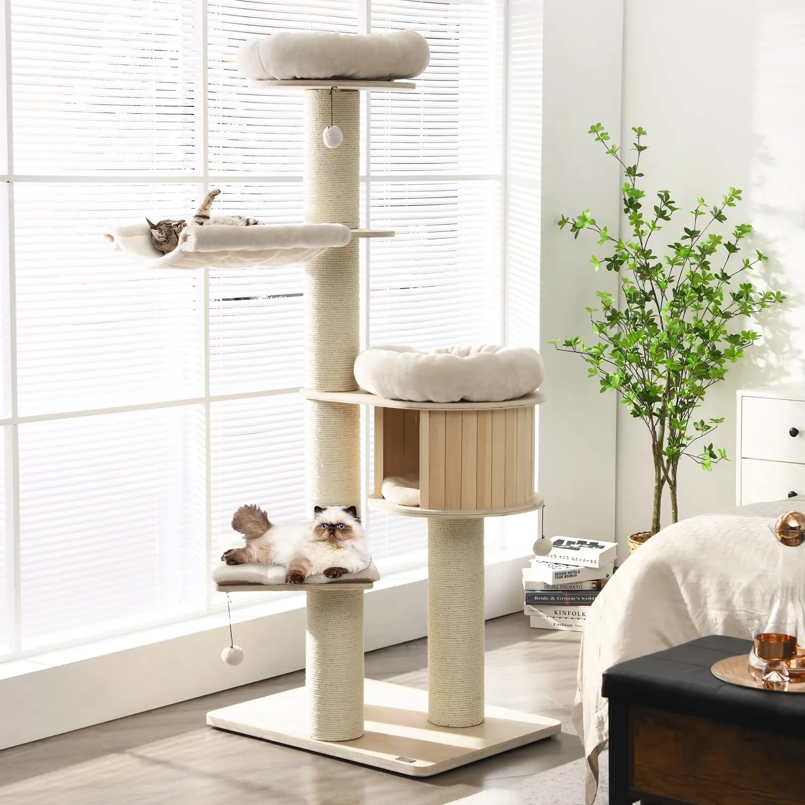 Tangkula Modern Cat Tree,  Multi-Level Large Cat Tower w/Cat Condo, Hammocks & Hanging Basket