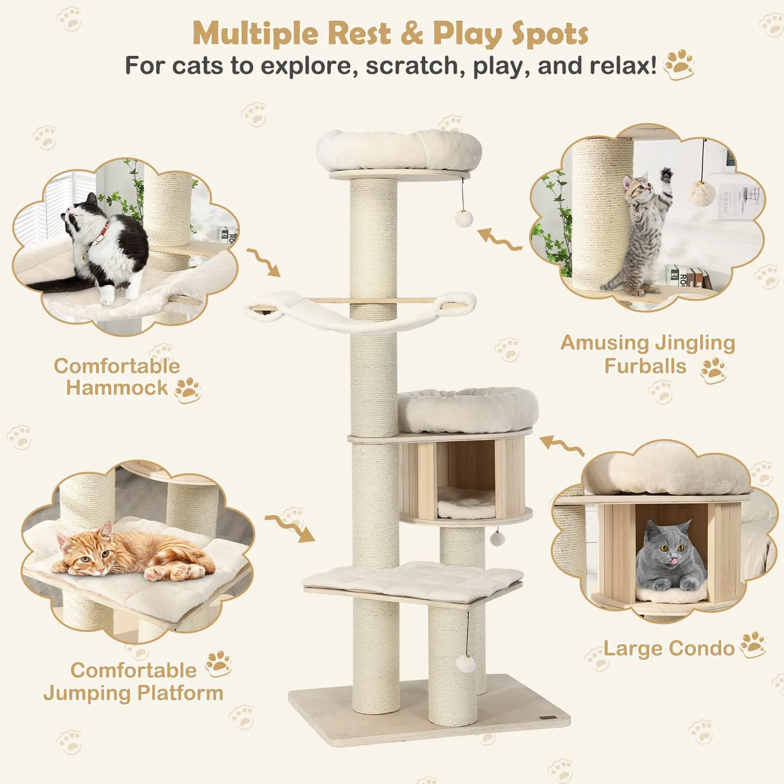 Tangkula Modern Cat Tree,  Multi-Level Large Cat Tower w/Cat Condo, Hammocks & Hanging Basket